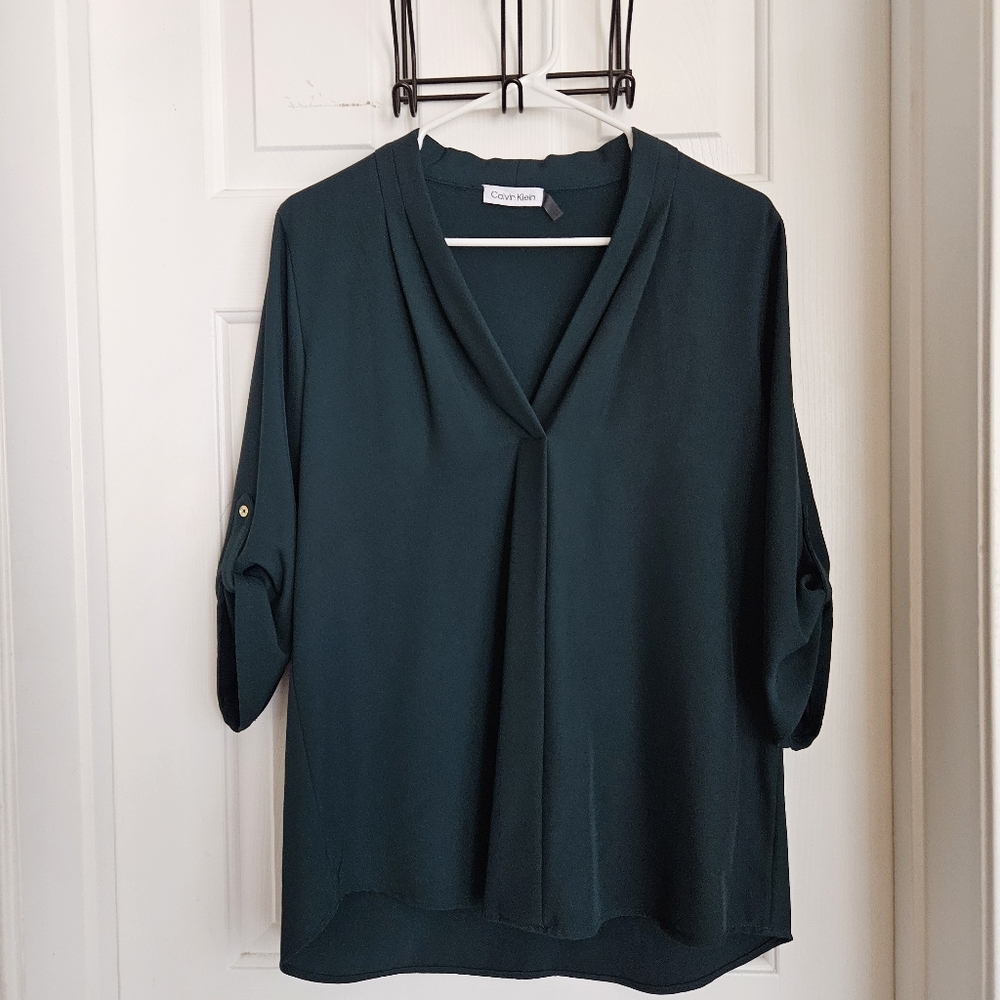 Calvin Klein Dark Green Pleat Front Blouse Size M